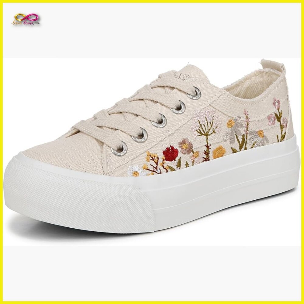 Floral Embroidered Platform Sneakers Vegan Eco-Friendly Casual Hiking Shoes